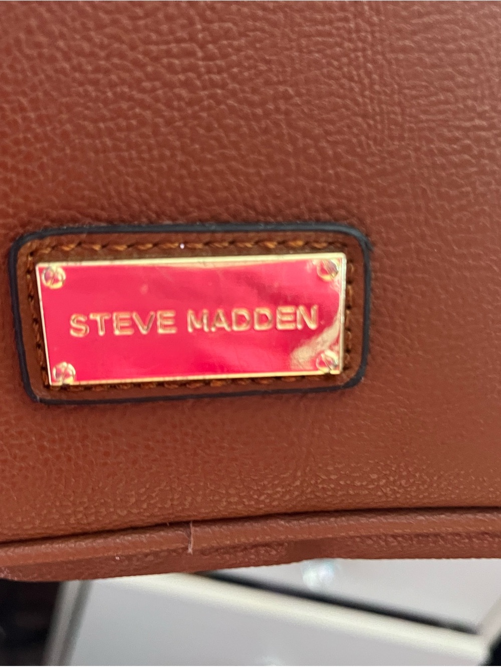Steve Madden Cognac Leather Tote with Gold Plaque